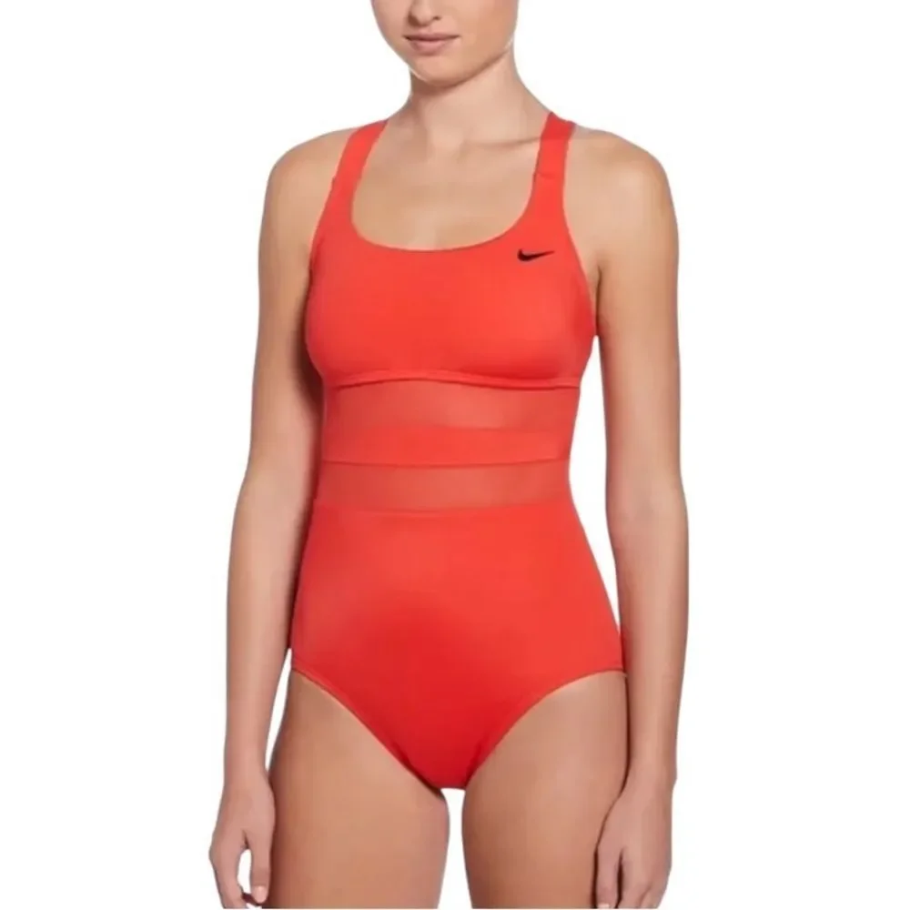 Nike Swim Solid Mesh V- Back One Piece Red Competition Swimwear Racing L - Picture 2 of 7
